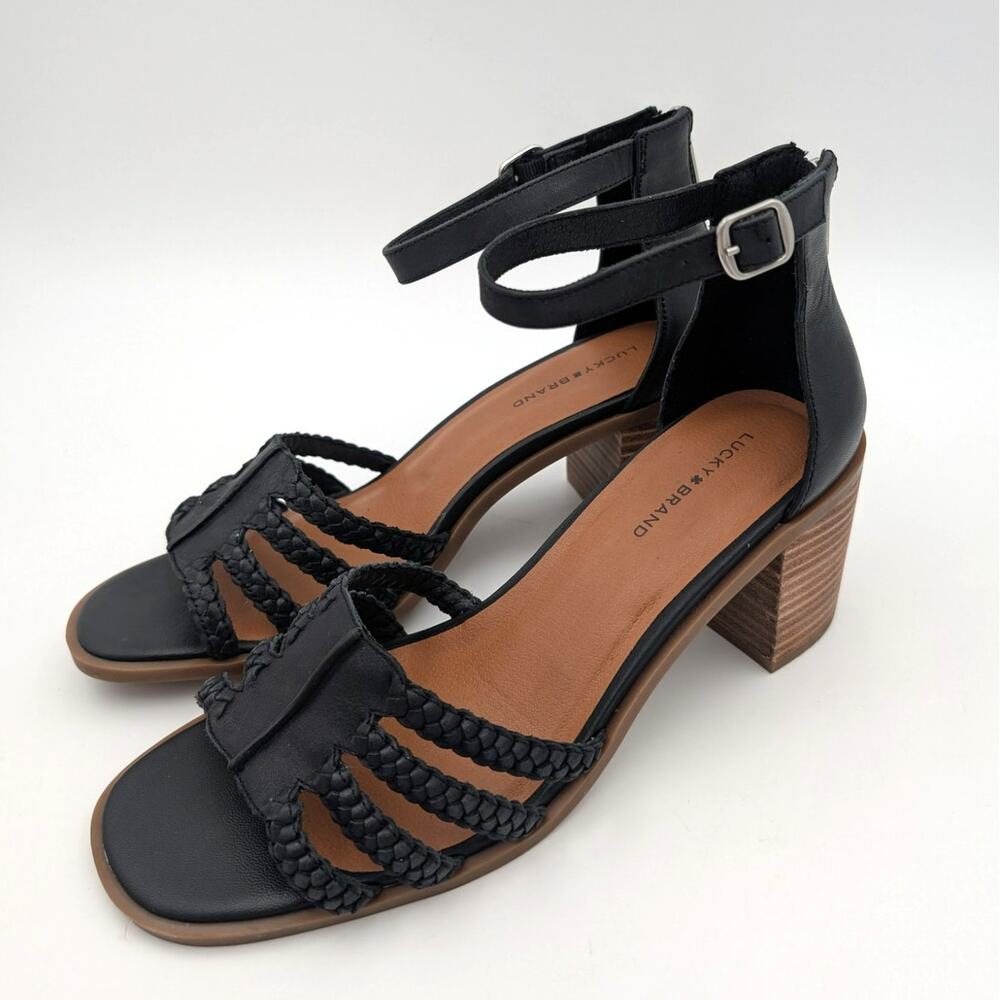 Lucky Brand Tasmina Women's Leather Ankle Strap Heels Black Size US11M EU42.5